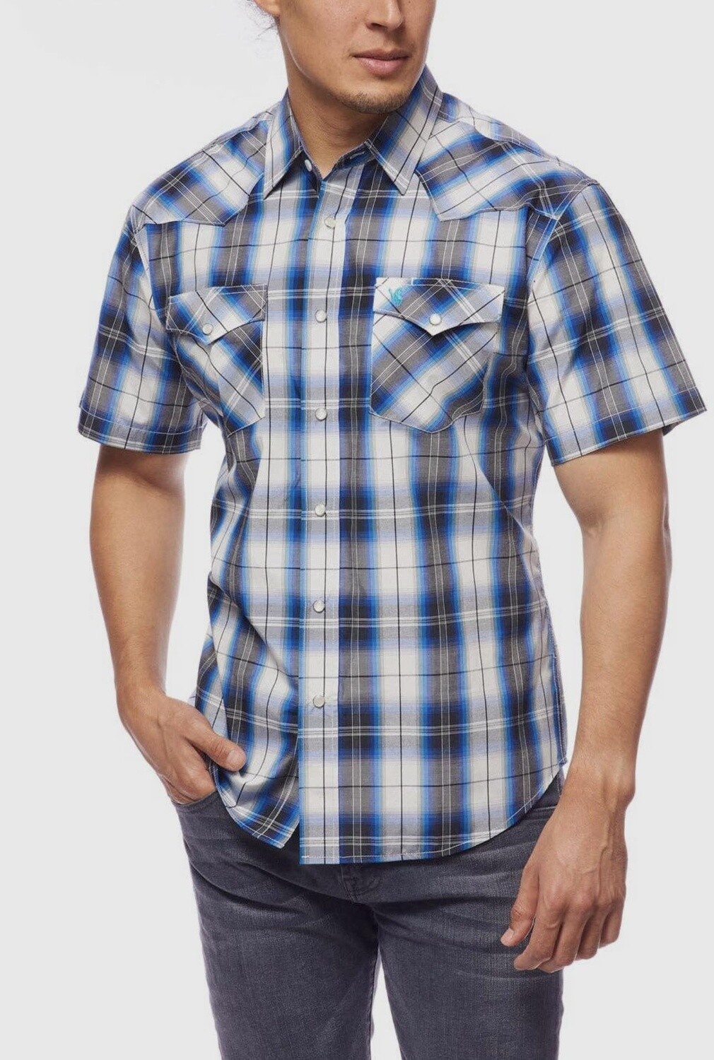 Plaid Western Short Sleeve, Size: Small, Colour: Blue