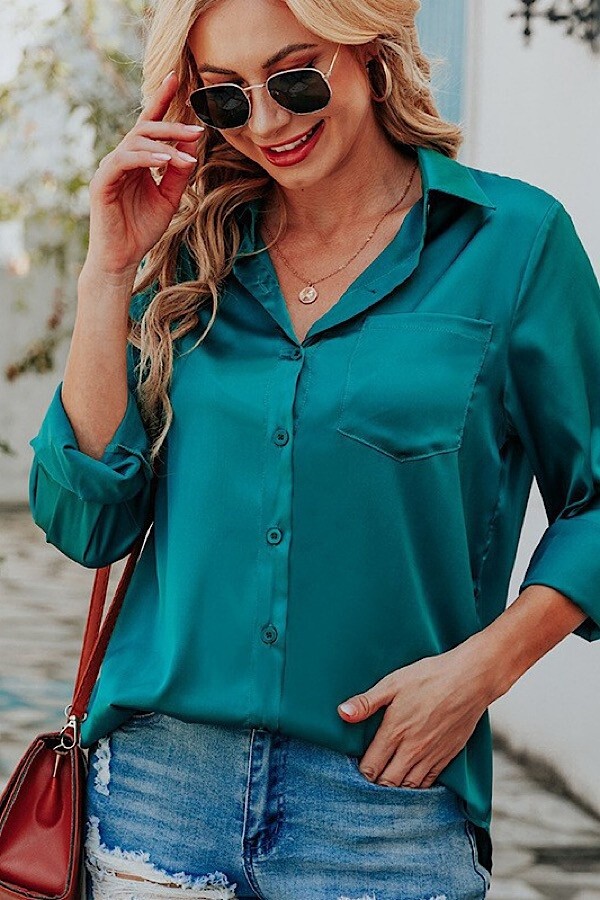 Teal Silky Button Down