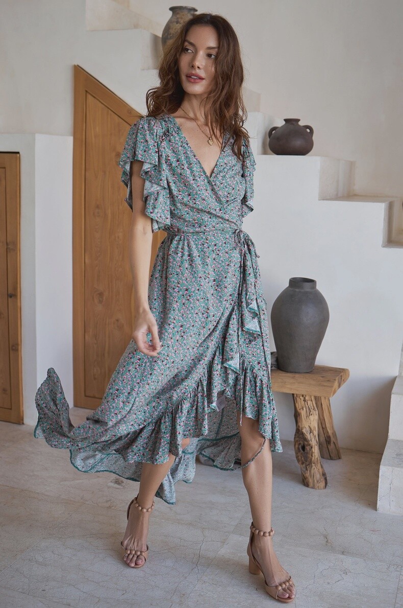 Carmen Wrap Dress, Size: Small, Colour: Green Fields