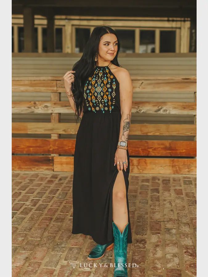 Plus Black Aztec Embroidered Halter Dress