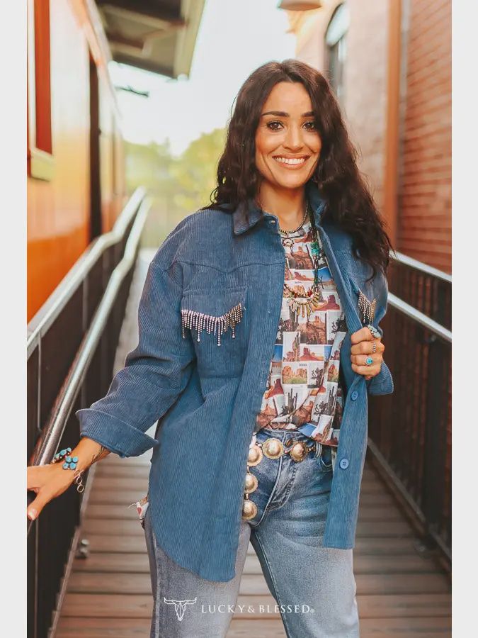 Teal Corduroy Rhinestone Shacket