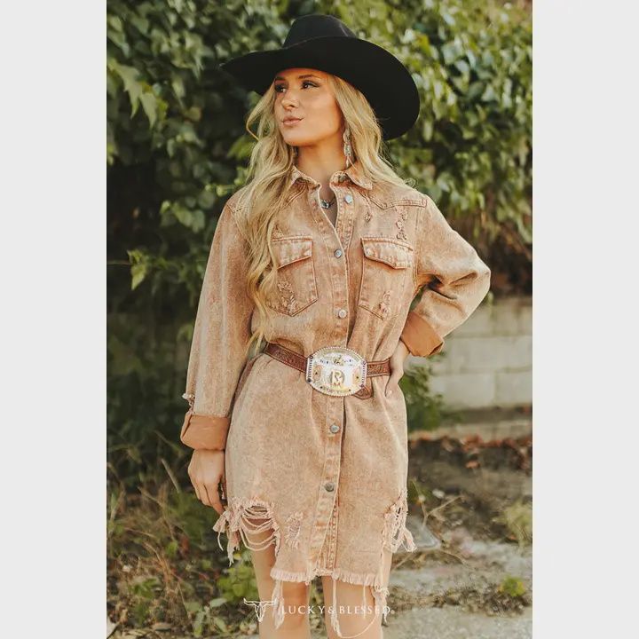 Camel Distressed Button Down Shirt