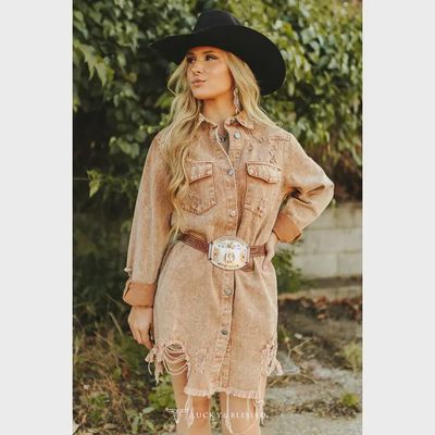 Camel Distressed Button Down Shirt
