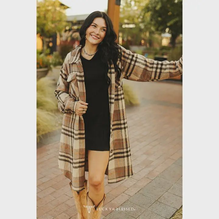 Khaki Plaid Wool Long Button Down Shacket