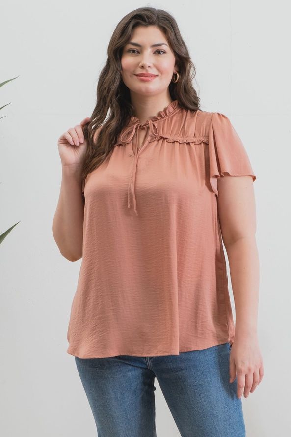 Plus Ruffle Collared Front Tie Top