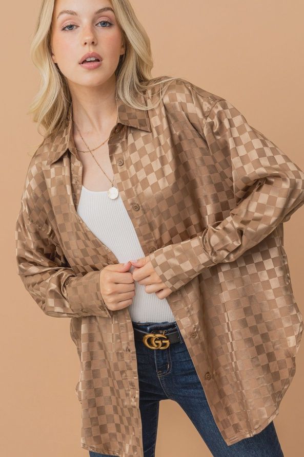 Checkerboard Satin Top, Size: Small, Options: Taupe