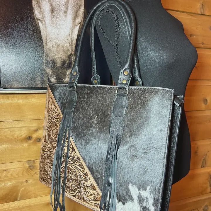 Executive Tooled Leather Cowhide Tote Purse