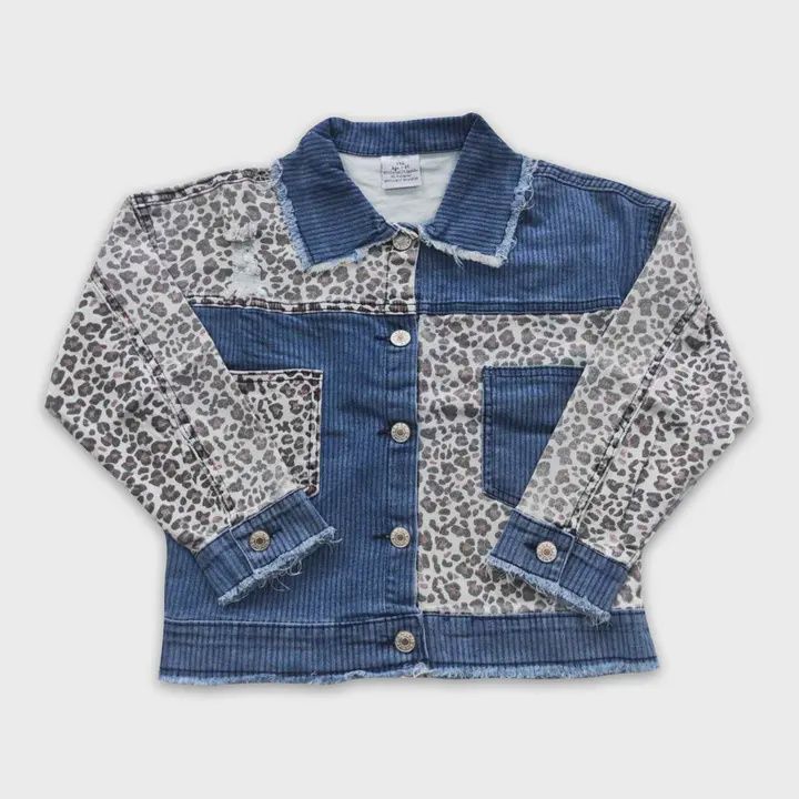Leopard Patchwork Girls Denim Jacket