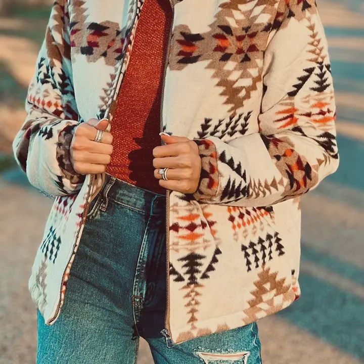 Aztec Mock Neck Zip-Up Jacket