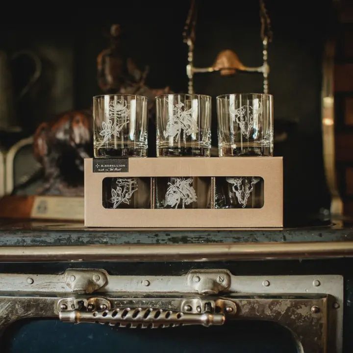 Western Etched Old Fashioned Whiskey Glass Set