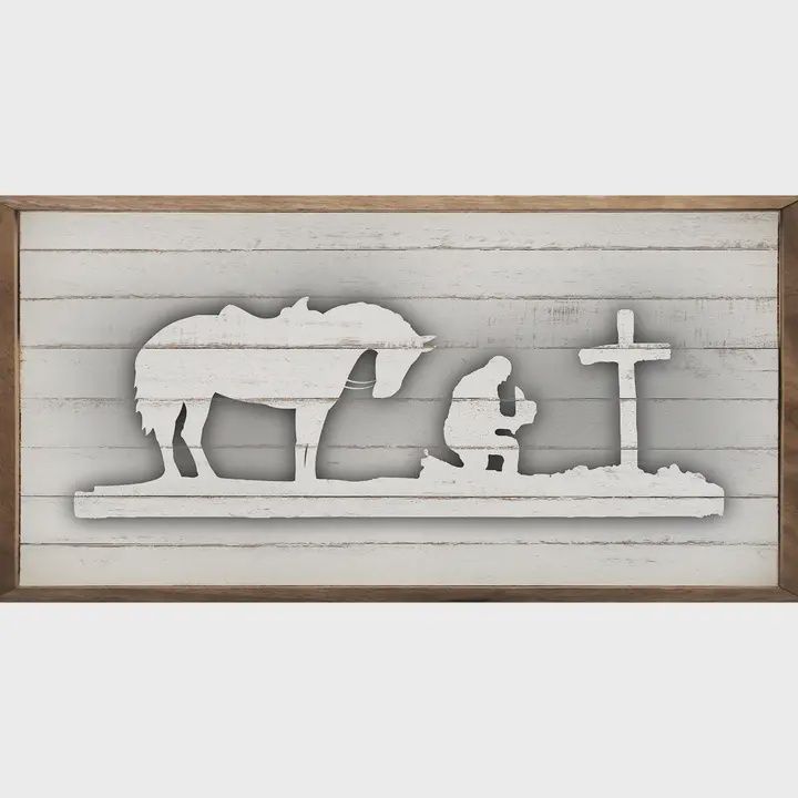Kneeling Cowboy Horse Cross Silhouette Gray