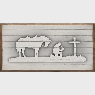 Kneeling Cowboy Horse Cross Silhouette Gray