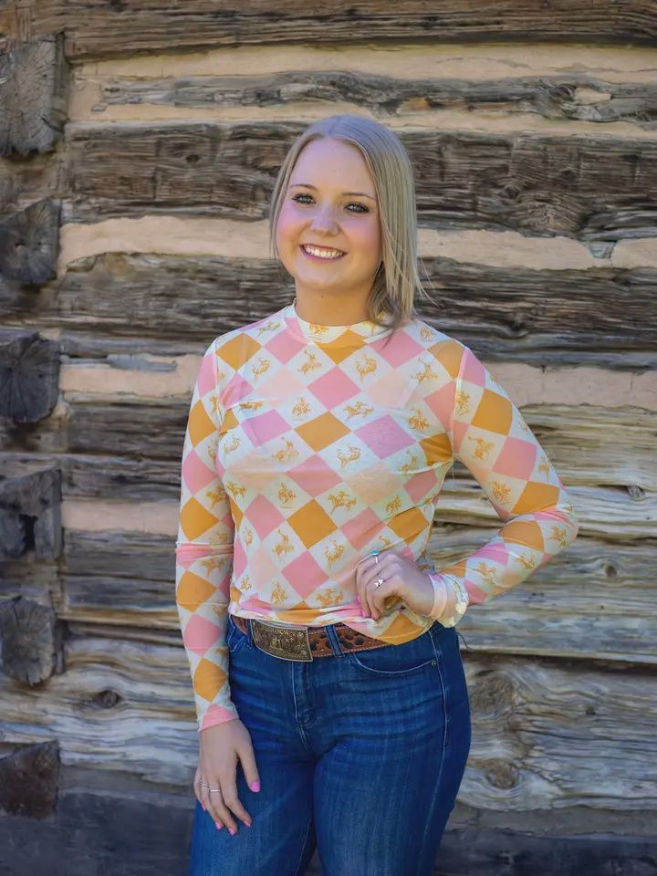 Diamond Bronc Print Long Sleeve Mesh Top