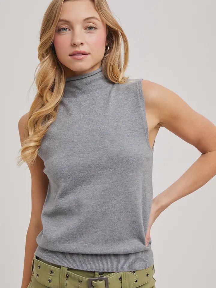 Mock Neck Sleeveless Knit Top, Color: DK. Grey, Size: Small