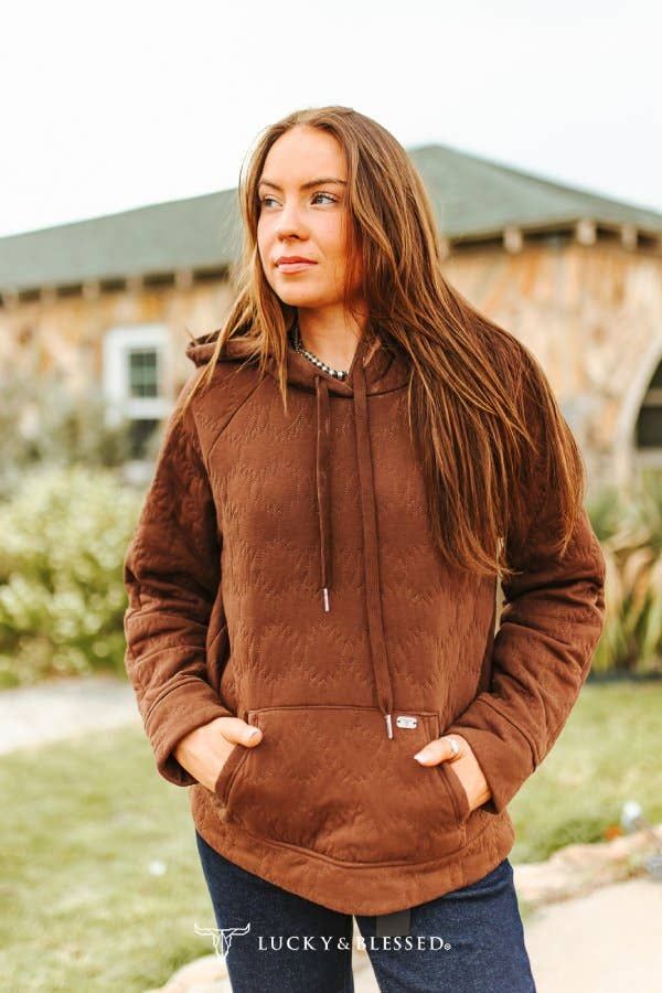 Brown Quilted Drawstring Front Pocket Hoodie