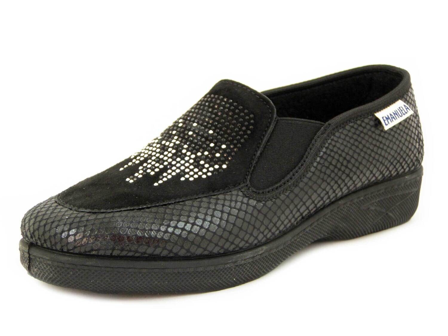Emanuela, Scarpe Donna Mocassini Pantofola in Tessuto e Pelle Camoscio Nero con Strass, Zeppa Bassa Antiscivolo, 2277