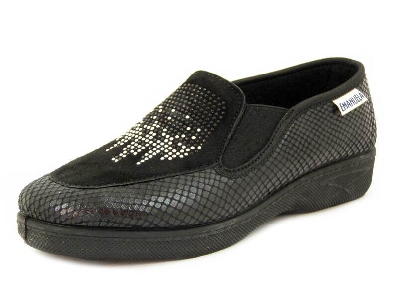 Emanuela, Scarpe Donna Mocassini Pantofola in Tessuto e Pelle Camoscio Nero con Strass, Zeppa Bassa Antiscivolo, 2277