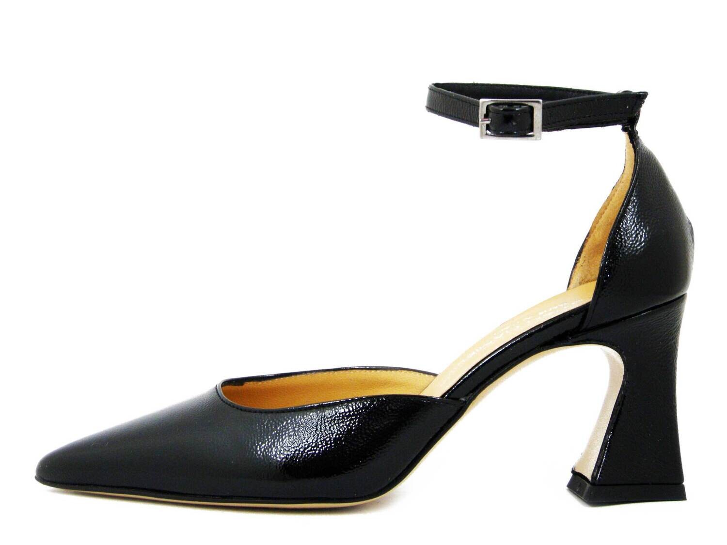Osvaldo Pericoli, DecolletÃ¨ Aperta con Cinturino in Pelle Nappa Lucida Nero, Tacco Medio 7 cm, Made in Italy, 9177