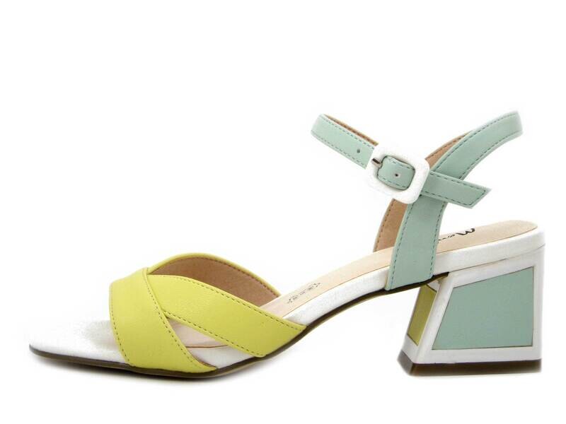 MENBUR, Sandali Donna in Eco Pelle Multicolore Giallo e Verde, Tacco Medio 6 cm, 22900