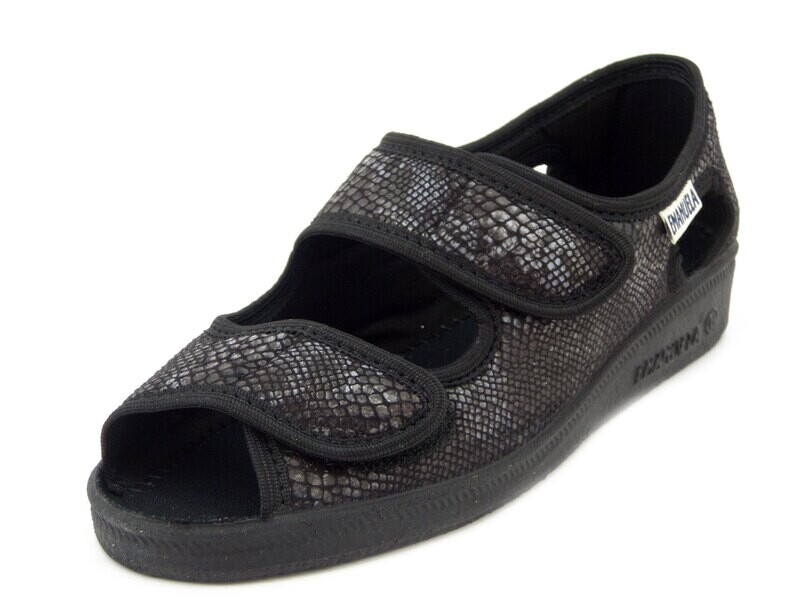 Emanuela, Pantofola Ciabatta Estiva Donna in Tessuto Nero, Doppio Strap, Zeppa Bassa, 667
