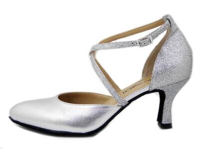 Scarpa Donna da Ballo/Cerimonia in Pelle e Glitter Argento, Tacco medio 7 cm, 820