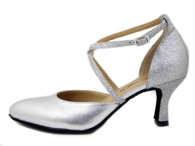 Scarpa Donna da Ballo/Cerimonia in Pelle e Glitter Argento, Tacco medio 7 cm, 820