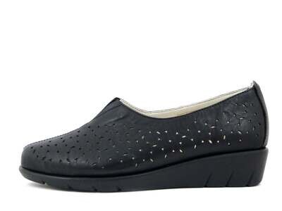 Mocassini Donna in Pelle Traforata Nero, Zeppa Bassa, Pianta Comoda, PAOLA01