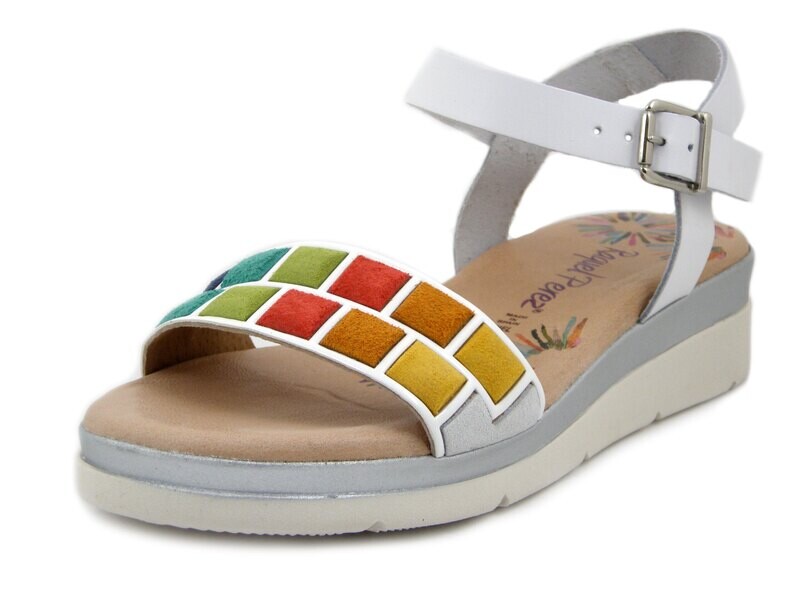 Raquel Perez, Sandali Donna in Pelle Bianco e Multicolore, Zeppa Bassa 4 cm, CEVICHE Raquel Perez, Sandali Donna in Pelle Bianco e Multicolore, Zeppa Bassa 4 cm, CEVICHE