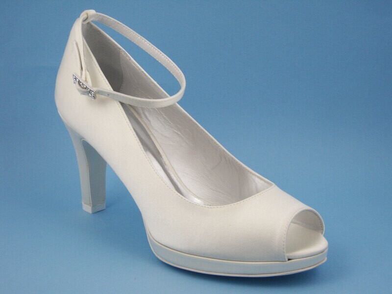 Osvaldo Pericoli SCARPA DA SPOSA Decolletè spuntata open toe in Raso Seta Bianco Avorio, Tacco Alto  9 cm e Plateau 1 cm, cinturino alla caviglia rimovibile, 250106L.sonia