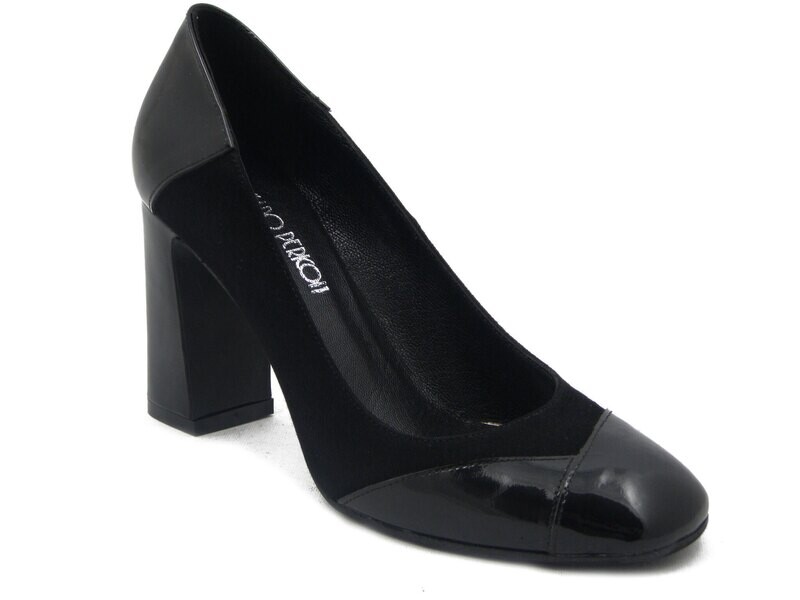 Decollete in pelle lucida e camoscio nero, Tacco Largo Alto 9 cm, 232 Decollete in pelle lucida e camoscio nero, Tacco Largo Alto 9 cm, 232