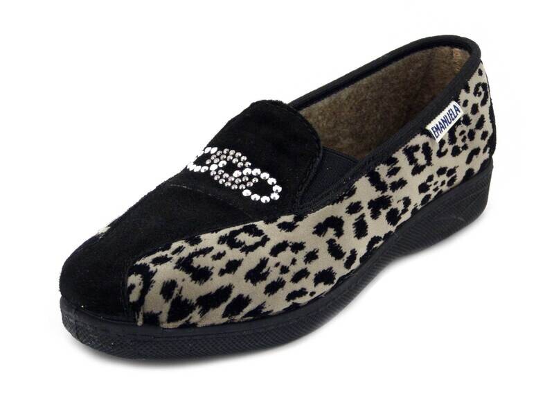 Emanuela, Scarpe Donna Mocassini Pantofola in Velluto Animalier e Pelle Camoscio Nero, Zeppa Bassa Antiscivolo, 2273