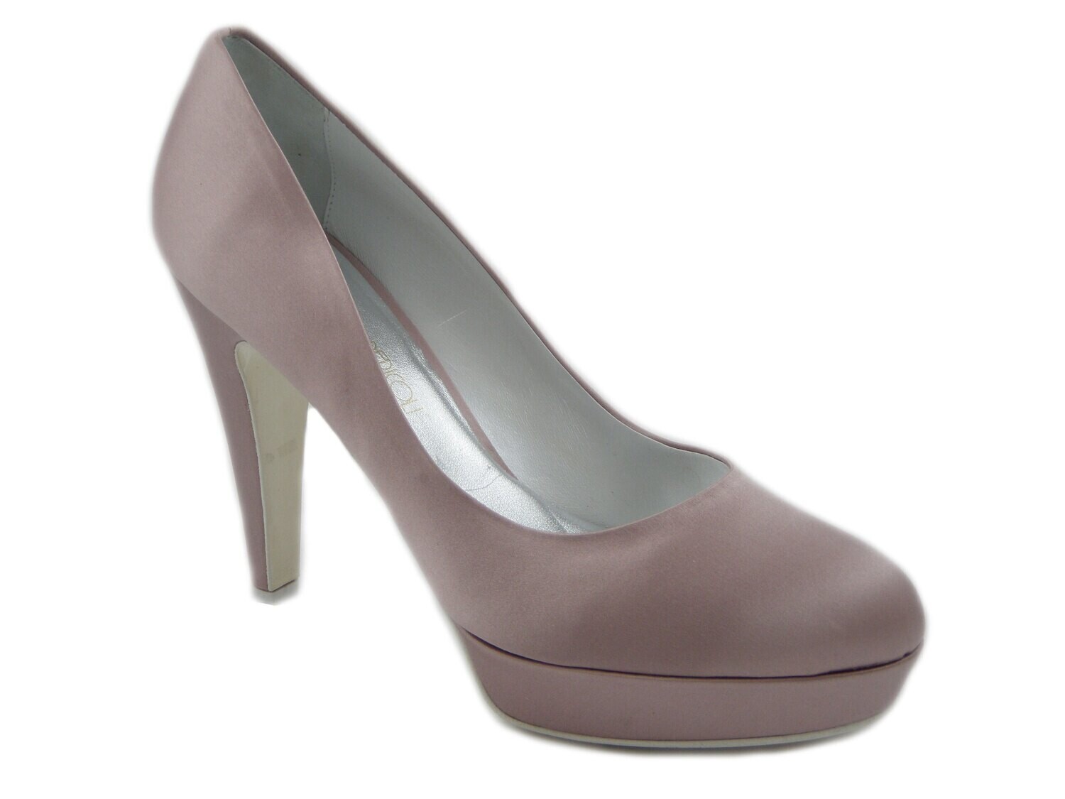 Osvaldo Pericoli, scarpa da Sposa/Cerimonia in raso seta  Glicine, tacco 11cm. e plateau, 185gemma