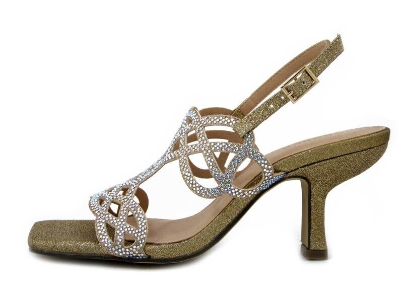 MENBUR, Sandali Donna Gioiello in Tessuto Oro e Strass Argento, Tacco Medio 7 cm, 23058 MENBUR, Sandali Donna Gioiello in Tessuto Oro e Strass Argento, Tacco Medio 7 cm, 23058
