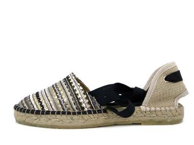 Raquel Perez, Espadrillas Flat Donna in Tessuto Nero Multicolore con Laccio alla Schiava, 17380 Raquel Perez, Espadrillas Flat Donna in Tessuto Nero Multicolore con Laccio alla Schiava, 17380