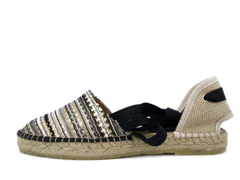 Raquel Perez, Espadrillas Flat Donna in Tessuto Nero Multicolore con Laccio alla Schiava, 17380 Raquel Perez, Espadrillas Flat Donna in Tessuto Nero Multicolore con Laccio alla Schiava, 17380
