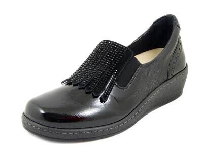 Mocassini Donna Scarpe Linea Ortopedica Sanitaria in Pelle Lucida Nero con Strass, Zeppa Bassa, Plantare Estraibile, CINZIA SOFT, 51162