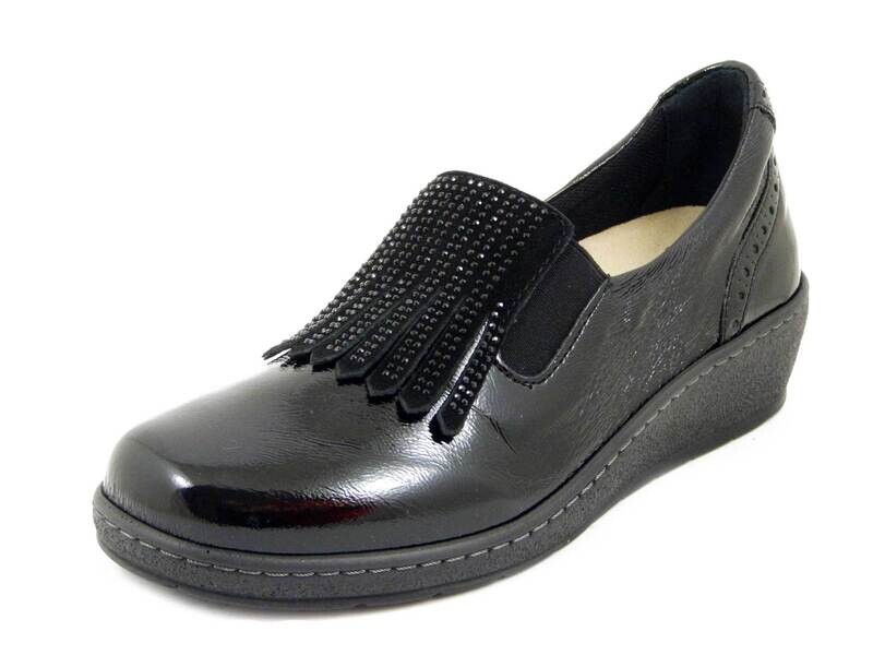 Mocassini Donna Scarpe Linea Ortopedica Sanitaria in Pelle Lucida Nero con Strass, Zeppa Bassa, Plantare Estraibile, CINZIA SOFT, 51162