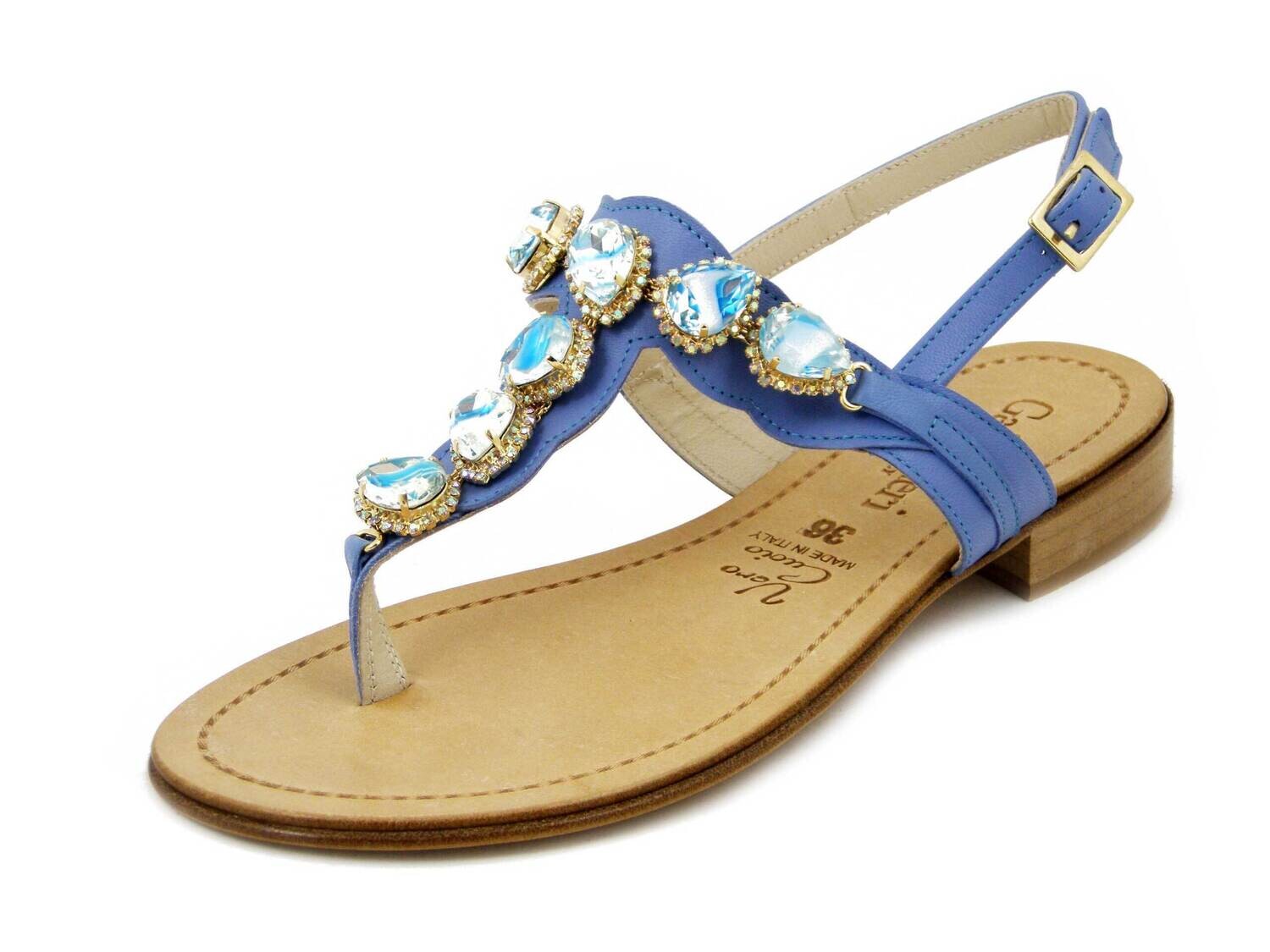 Sandali Donna Infradito Gioiello in Pelle Blu Celeste, Tacco Basso 2 cm, Made in Italy, 121