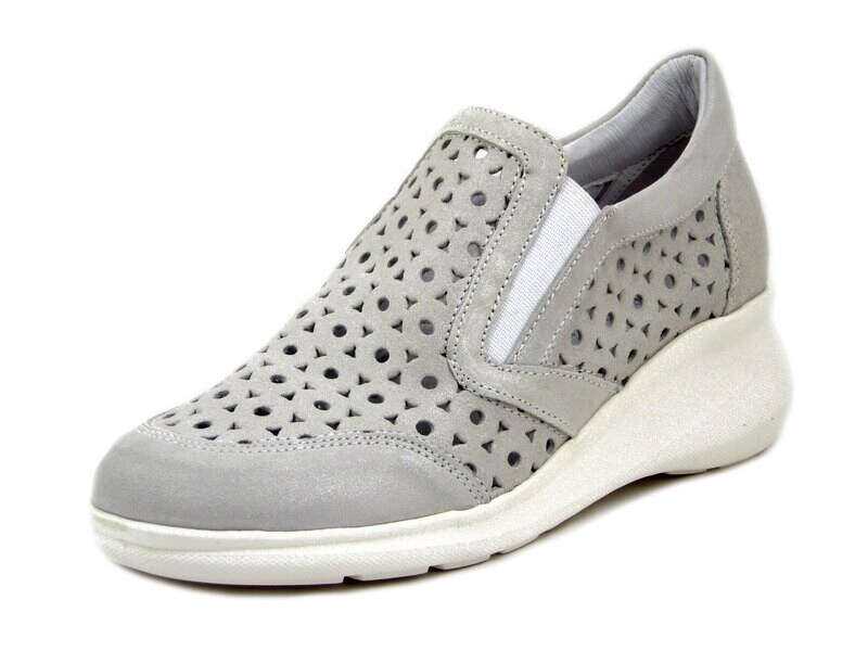 Soffice Sogno, Scarpe Donna Slipon Sneakers in Pelle Grigio Argento, Zeppa Bassa, Plantare Estraibile-20242