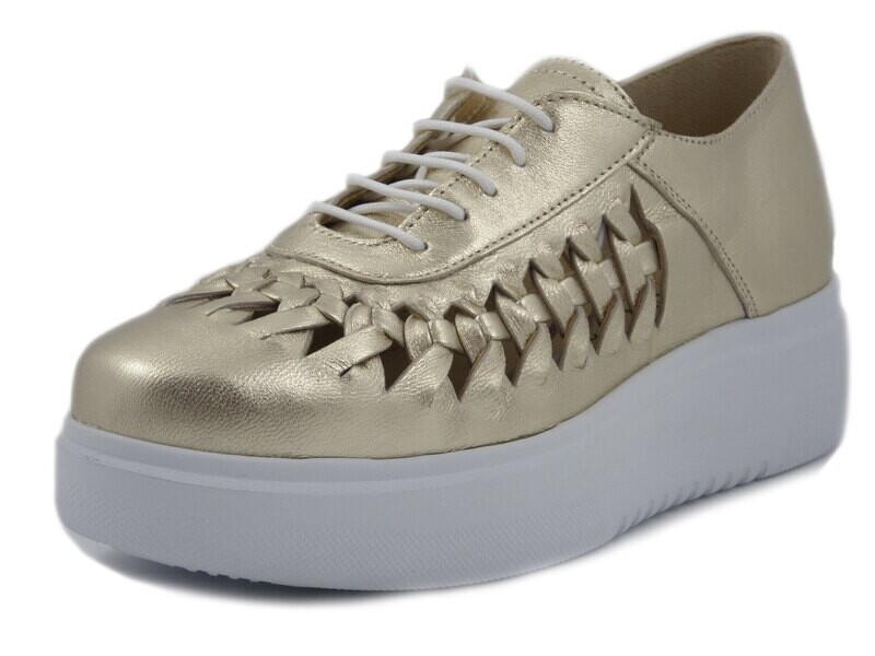 EXTON, Scarpe Donna Casual Stringate Francesine in Pelle Oro Platino, Suola Platform 4 cm, E03P