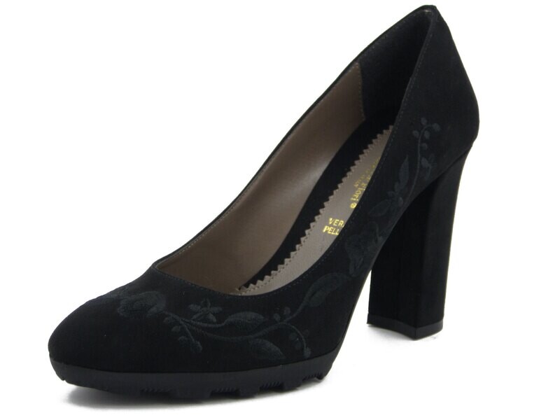 Mercante di Fiori, Decollete ricamato in eco camoscio nero, Tacco Largo Alto 10 cm, NA2340