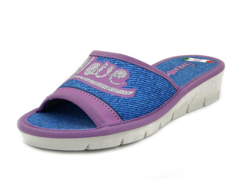 Linea Comoda, Ciabatta Pantofole Estive Aperte Donna in Tessuto Blu Jeans e Lilla, Zeppa Bassa, 3477