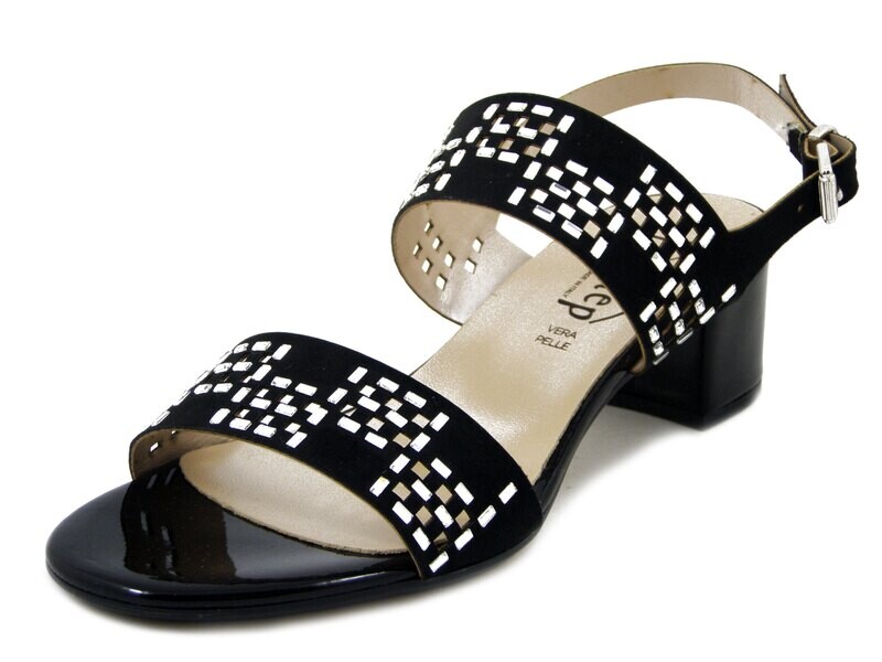 Flexistep, Sandali Donna in Eco Camoscio Nero con Strass Argento, Tacco Medio Basso 5 cm, Pianta Comoda, 68364