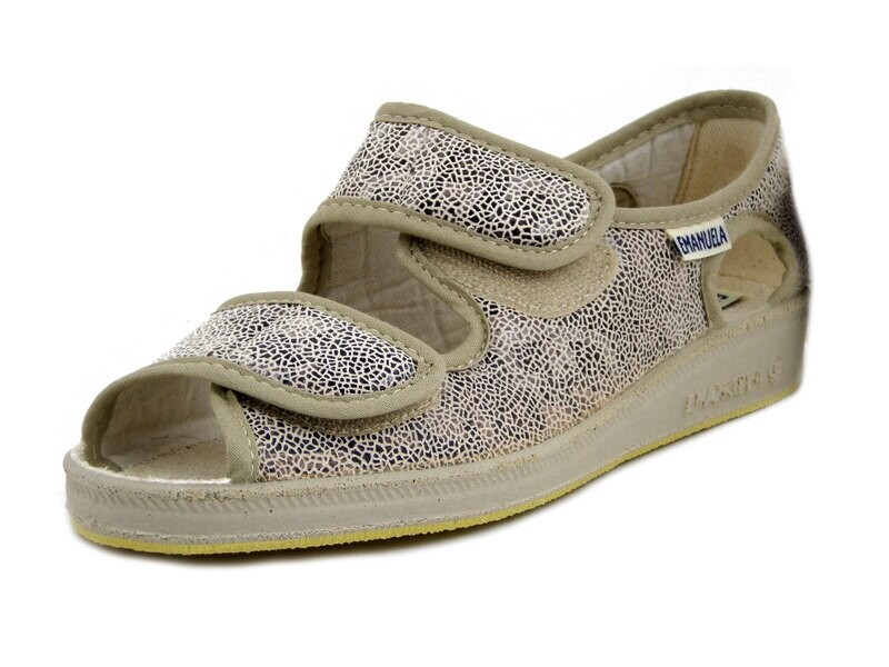 Emanuela, Scarpe Donna Comfort Ciabatta in Tessuto Beige con Doppio Strap, Zeppa Bassa Antiscivolo