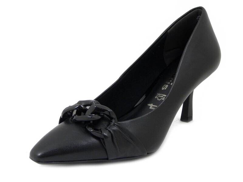 Tamaris, Scarpe Donna Decolletè in Pelle Nero con Catena, Tacco Medio 7 cm, 22405 Tamaris, Scarpe Donna Decolletè in Pelle Nero con Catena, Tacco Medio 7 cm, 22405
