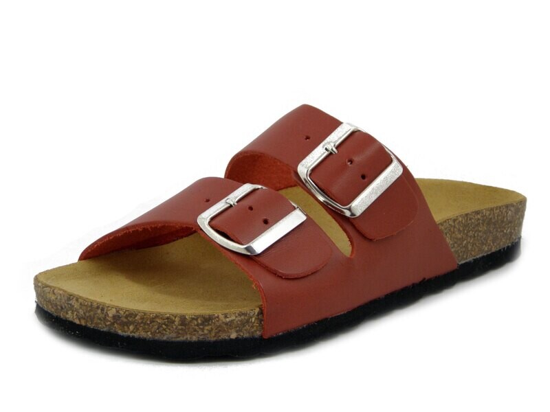 Sandali Ciabatta Donna in Pelle Rosso, Zeppa Bassa, Doppia Fibbia Regolabile Sandali Ciabatta Donna in Pelle Rosso, Zeppa Bassa, Doppia Fibbia Regolabile