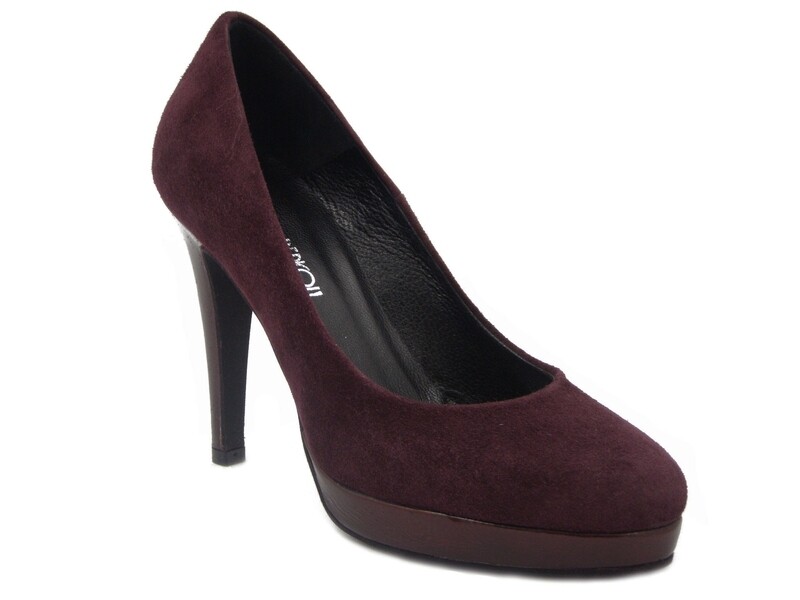 Decollete in Pelle e Camoscio Rosso Bordeaux, Tacco Alto 10 cm e Plateau, Osvaldo Pericoli
