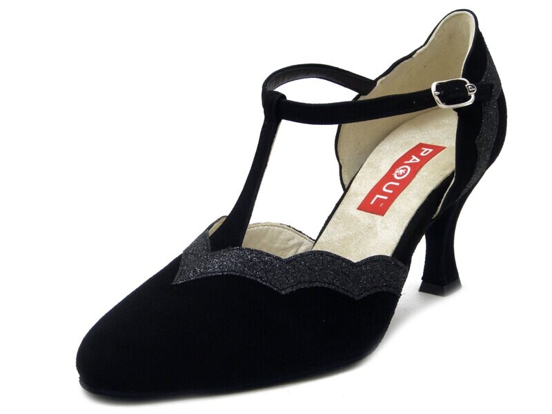 PAOUL, Scarpe da ballo Donna Punta chiusa Modello Charleston in Camoscio Nero e Glitter, Tacco Medio 7 cm, 629