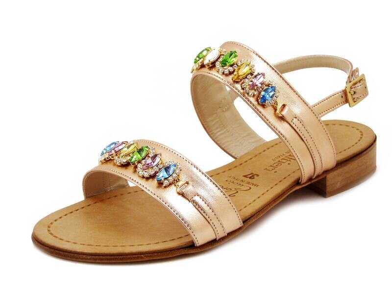Sandali Donna Gioiello in Pelle Rosa Cipria Laminato, Tacco Basso 2 cm, Made in Italy, 203