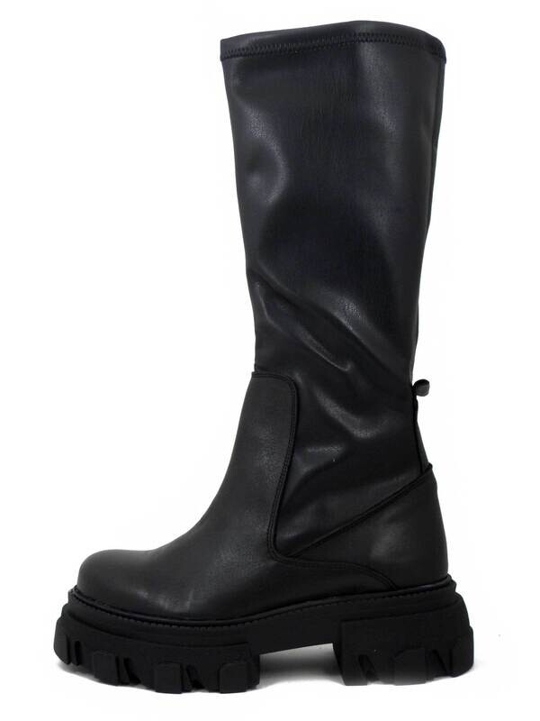 Stivali Donna Combat in Pelle Nero, Gambale Elasticizzato, Tacco Basso, Made in Italy